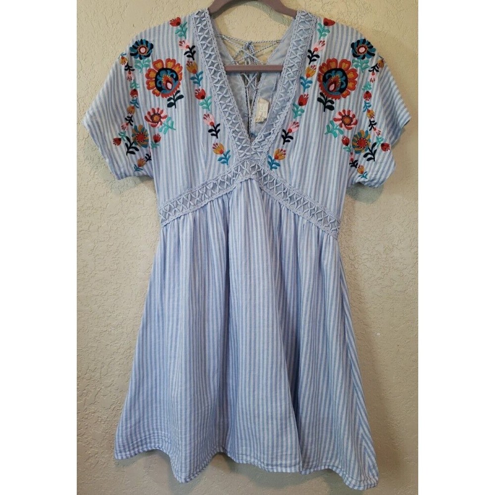 Altar'd State Blue White Stripe Embroidered Lace Back Short Dress Size Small